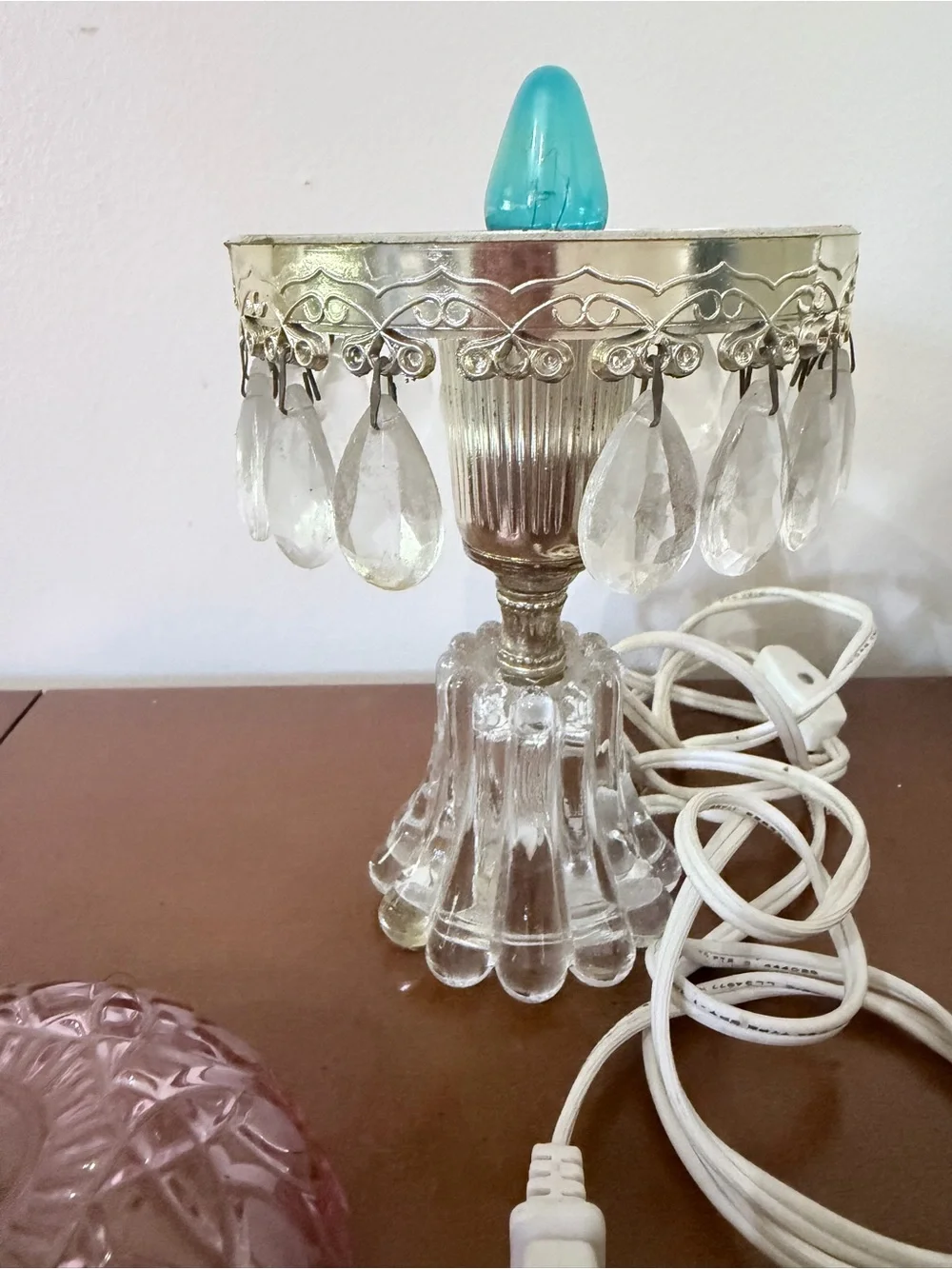 Vintage Michelotti Pink Cranberry Glass Prism Boudoir Princess Table Lamp 9”